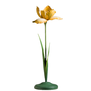 Hand-embossed metal candlestick with resin acccents, in the form of a spring Iris flower. 